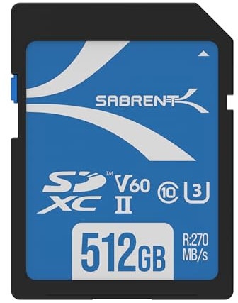 SABRENT SD Karte 512GB V60 UHS-II SDXC, Class 10, U3, 270MB/s Lesen, 170MB/s Schreiben – Profi SD Speicherkarte für 4K/8K Video, Fotografen, Videografen, Enthusiasten (SD-TL60-512GB)