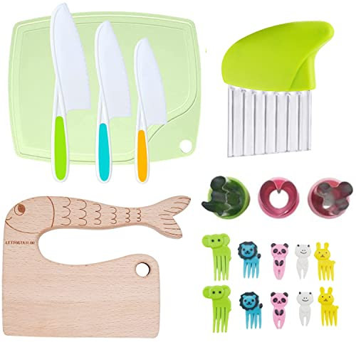 Set di 19 coltelli da cucina per bambini, in legno, per bambini, con coltello in legno, formine per biscotti per verdure, coltello in plastica, taglierino, taglierino per panini, tagliere