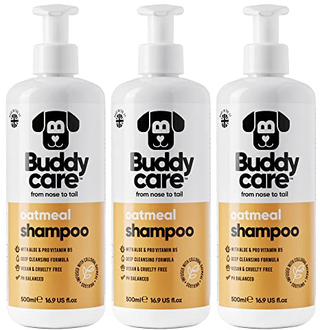Buddycare Shampoo per Cani Alla Farina d'Avena, Shampoo per Cani Con Pelle Irritata, Lenitivo e Reidratante, Contiene Aloe Vera e B5 (500ml x3)