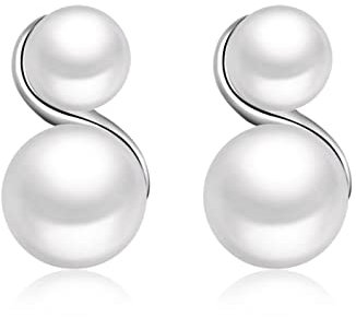 Damen Ohrstecker Vintage, Ohrringe Frauen Doppelte Perle Silber Kupfer Schmuck für Damen