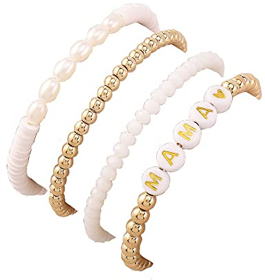 Fuqimanman2020 Buntes MAMA stapelbares Stretch-Armband-Set, Surfer, Heishi, Ton, Vinyl-Scheibe, Regenbogen-Perlen, elastisch, für Frauen, Mutter, Muttertag, Boho-Schmuck, 6.6 Inch, Metall, Heishi