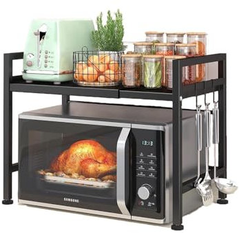 LUHWYJA Soporte Extensible para Horno de Microondas, Estante Ajustable, Rejilla para encimera de Cocina Organizador Estanteria Mueble con 6 Ganchos (2 Niveles, Negro)