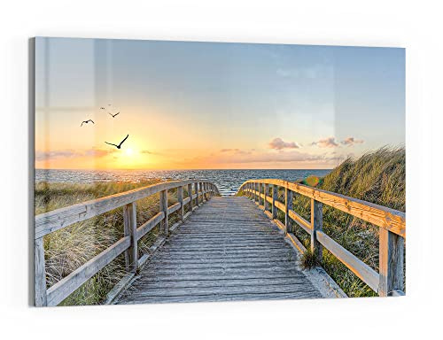 DEQORI Glasbild Echtglas | Motiv Dünenweg zum Meer | horizontal einteilig 90x60 cm | schöne Dekoration | Wandbild für Wohnzimmer, Schlafzimmer, Flur & Küche | moderne Wanddeko