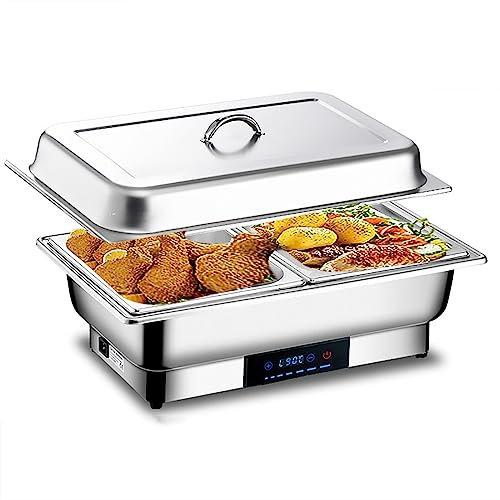 Calentador de Buffet Electrico Chafing Dish Acero Inoxidable Calentador de Comida Comercial Calefacción Eléctrica Ajuste de Temperatura Táctil con Recipiente para Agua Recipiente para Alimentos y Tapa