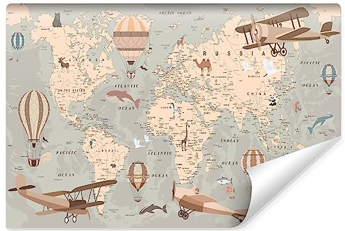 Muralo - Carta da parati 3D per cameretta dei bambini, in tessuto non tessuto, per ragazze e ragazzi, effetto 3D, decorazione da parete per cameretta dei bambini, motivo mappa del mondo, 460 cm x