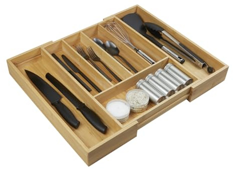Orga-Box III BAMBUS Besteckeinsatz ausziehbar Besteckkasten mit 5-7 Fächer | für Schubladenbreite von 40 - 60 cm für Nobilia Küchen ab August 2012