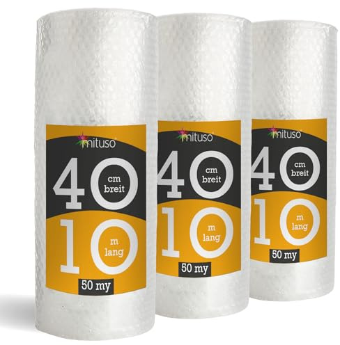 Mituso 3x Luftpolsterfolie 40cm x 10m (50my) | Schutzpolsterfolie für empfindliche Gegenstände | Versand- und Verpackungsfolie für Umzüge | 100% recycelbar, Premium Qualität Noppenfolie Rolle | mituso