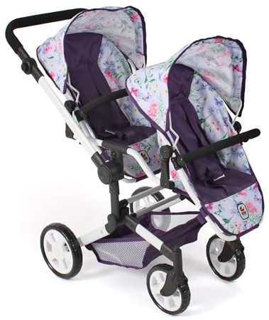 Bayer Chic 2000 - Linus Duo Doll's Pram, Twin Doll's Pram for Children from 4 to 8 Years, Tandem Doll's Pram, Flowers, Purple, 690-73