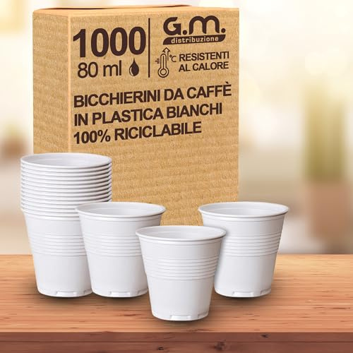 G.M. DISTRIBUZIONE Bicchieri Caffè (1000, Bianchi) - Bicchierini Caffè 80cc - Bicchieri Riutilizzabili Super Rigidi e Resistenti al Calore per Espresso, Asporto, Casa e Ufficio - Made in Italy