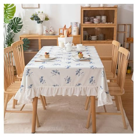 BCughia Tischdecke 140x180CM Rechteckig, Partytischdecke Wasserfest Baumwolle Obst und Blatt Stickerei Tischtuch für Indoor, Outdoor, Essen, Küche, Blau Weiß