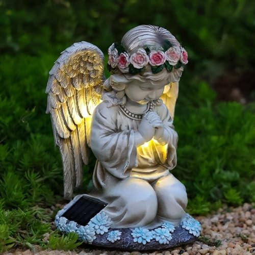 Sculpture d'ange solaire - Statue de jardin - Ange priant - Décoration extérieure pour pelouse, patio, pelouse, cour, terrasse