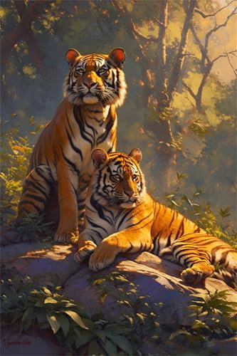 Malen Nach Zahlen Tiger Landschaft Malen Nach Zahlen Kinder Anfänger,Malen-Nach-Zahlen ab 9 Jahre Mädchen Geschenke,DIY Ölgemälde Set mit Pinseln Acrylpigment Leinwan,Home Wanddeko Wohnzimme 40x50cm