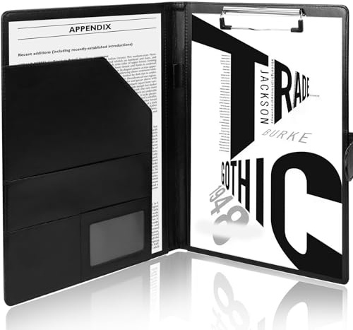 Erzekrim Portablocco A4 con coperchio in pelle PU, portablocco per conferenze, formato A4, con scomparti per documenti, portapenne, chiusura magnetica (nero)