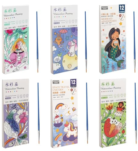 ZMDMAH 6 Stück Aquarell Malbuch, 72 Seiten Mini Malbuchs, Mini Paint Pad, Aquarell Malbuchs mit Wassertankpinsel, Wasserfarben Malbuch mit Wasserfarben, Mess Free Painting For Kids
