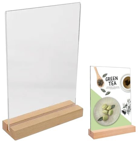 Doukesh A5 Présentoirs de Table en Acrylique Porte Menu Restaurant Porte-Affiches de Table Support Menu Table en T - Base en bois Transparent Support Affiche Table pour Restaurant Hôtel Conférence