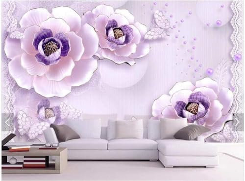 Fleur Romantique Gaufrée Violette Papillon Papier Peint 3D Intissé Bureau Salon Canapé Chambre Fond Décoration Murale-150cm×105cm