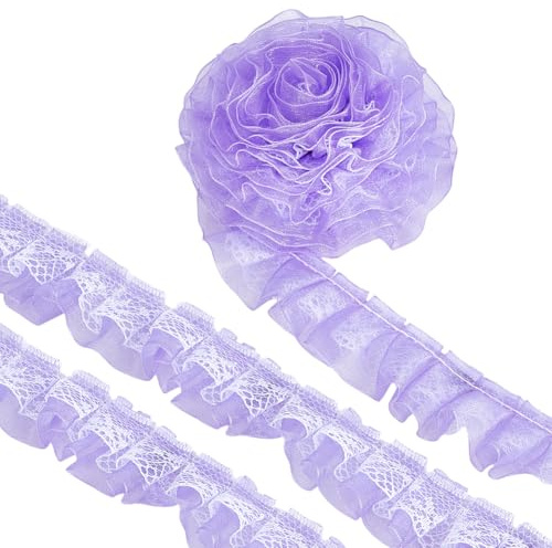 BENECREAT 20m 2 strati di Pizzo Plissettato con Volant, Nastro In Pizzo Plissettato Da 25mm, Nastro di Rifinitura con Fiori In Chiffon per Cucire Abiti Da Sposa, Decorazione Fai Da Te, Lilla