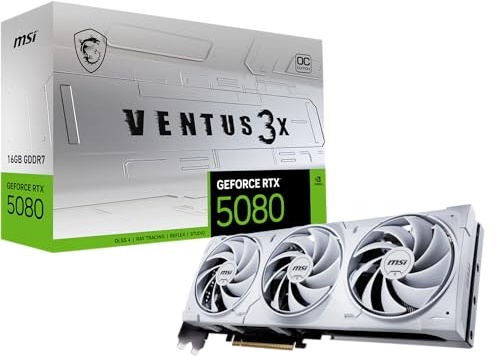 MSI Gaming RTX 5080 16G Ventus 3X OC Carte Graphique Blanche (16 Go GDDR7, 256 Bits, Extreme Clock TBD MHz, DisplayPort x 3 2.1a, HDMI 2.1b, Architecture NVIDIA Blackwell)