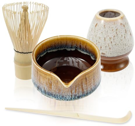 4PCS Service à Thé Japonais, Ensemble de Fouet à Matcha, Bol à Matcha avec Bec, Cuillère à Thé, Support de Fouet à Matcha, Kit de Fabrication de Thé pour les amateurs de Thé Matcha(Couleur C)