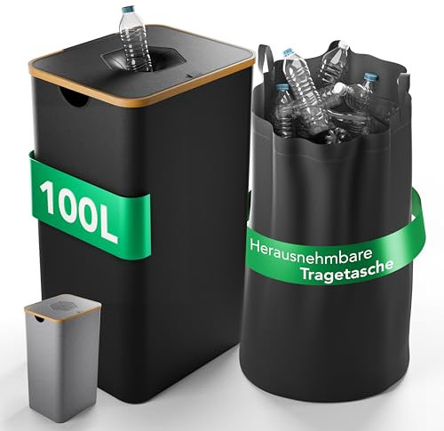 Pfandflaschen Sammelbehälter 100L mit Tragetasche I Flaschensammler für 30-40 Flaschen I Leergut Sammelbehälter mit Bambusdeckel & Tragetasche I Recycling Behälter für PET-Flaschen & Altglas (Schwarz)