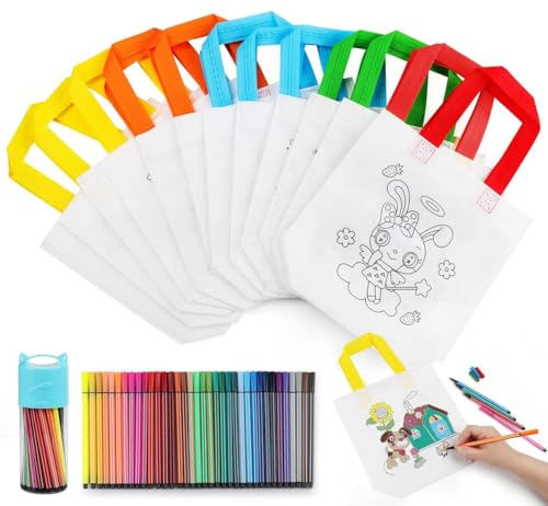 Generisch 12 Stück Malbeutel + 36 wasserlösliche Stifte – Kreatives Malset für Kinder, waschbar, umweltfreundliche Vliesstoffbeutel, 24 Motive, ideal zum Malen & als Geschenkverpackung