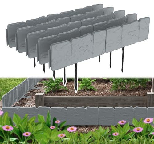NAIZY Rasenkante Kunstoff 5 m Beeteinfassung mit Bodennägel, Beeteinfassung im Steinoptik Natürlich Mähkante 25x10cm/Stück Gartenpalisade, 20 Stück (Grau)