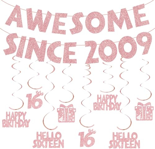 Sweet 16th Birthday Decorations for Girls - Awesome Since 2009 Rose Gold Glitter Banner Kit, Hello Sixteen Hanging Swirl Decoration for 16 Years Old Birthday Party