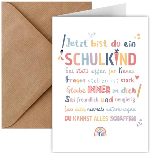 Einschulungskarte mit Mutmachsprüchen für Schulkind inkl. Umschlag | Karte Schulanfang, Einschulung für Junge & Mädchen | Klappkarte DIN A6 Glückwünsche Schulstart Baby (Einschulung bunt)