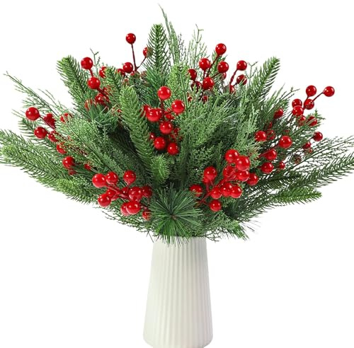 60 Stück Weihnacht Künstliche Kiefer Zweige Rot Beerenstängel Mit DIY Deko | Kiefernzweige Tannengirlande Kunststoff Weihnachtsdeko Tannennadeln Kiefernnadel Für Weihnachten Girlande Basteln