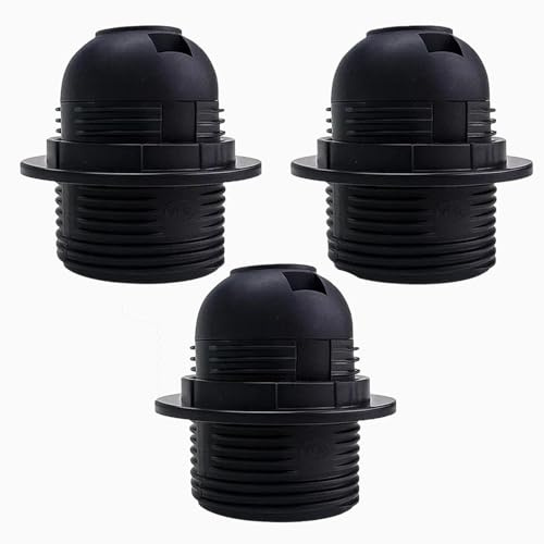 ZKFSIE 3pcs E27 Lamp Holder – Black Bakelite Bulb Holder with Locking Mechanism | Screw Fitting for Table Lamp, Pendant Light & DIY Lighting, Secure Shade Ring & 10mm Threaded Entry