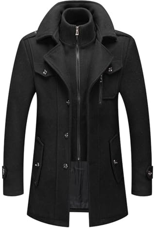 SaiDeng Abrigo de lana de invierno para hombre - Abrigo corto clásico de una hilera de botones de lana con solapas, corte regular, abrigo largo para negocios y ocio, cálido abrigo de cachemira con
