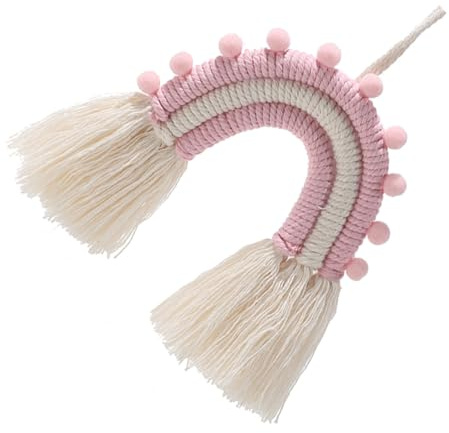 STOBAZA Regenbogen Wandbehang Makramee aus Handgewebtem Baumwollseil mit Pompon Rosa Wanddeko für Babyzimmer und Wohnräume