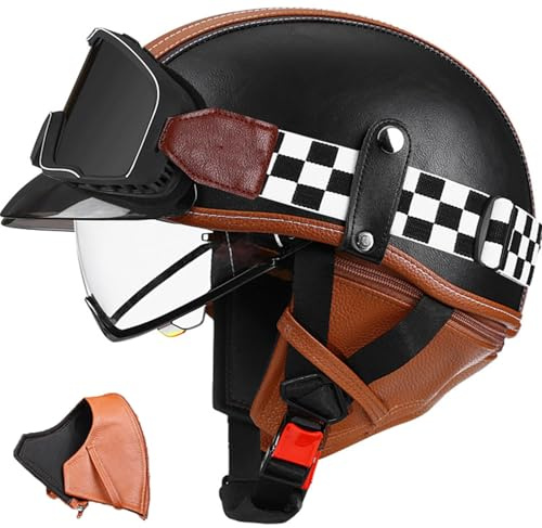 Casque Moto Vintage Demi-Casques Hommes Femmes Casques Jet Retro Casques Bols Homologué ECE/Dot Casque De Cyclomoteur Casque Ouvert Moto Retro avec Lunettes pour Scooter Cruiser 3,L(59-60CM)