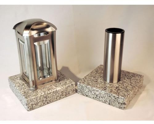 designgrab Lampe tombale Venezia et Vase funéraire en Tube en Acier Inoxydable avec 2 pièces Socle en Granite en Granit Silésien/Camouflage/strie gauer/Dorn/Clair de Montagne du Camouflage