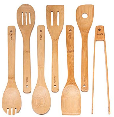 Set Utensilios de Cocina Madera de Bambú – Juego de 7 Accesorios de Cocina Originales para Menaje de Cocina Antiadherentes (Cuchara, Cucharones, Espatulas, Lengua, Paleta, Pinzas) – BlauKe®