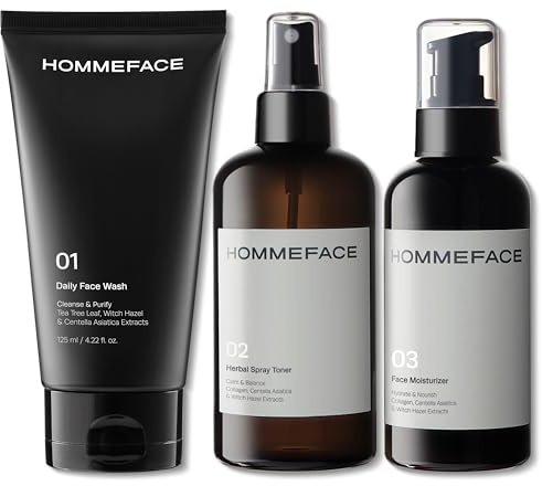 HommeFace Men’s Daily Trio 3-Step Daily Routine Set with Face Wash, Herbal Spray Toner & Moisturizer - Korean Skincare Technology with CICA, Tea Tree Leaf & Witch Hazel Extracts, for All Skin Types
