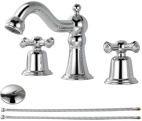 RKF Bathroom Faucets for Sink 3 Hole Chrome 8 inch Widespread Bathroom Sink Faucet with Drain 2 Handles Cross Knobs Faucet Bathroom Vanity Faucet Basin Mixer Tap CWF033-CP