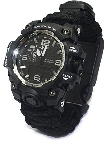 YzoTek 6 en 1 reloj de pulsera de supervivencia al aire libre, deportes de emergencia, resistente al agua primeros auxilios con paracord, brújula, termómetro, silbato, arrancador de fuego, raspador