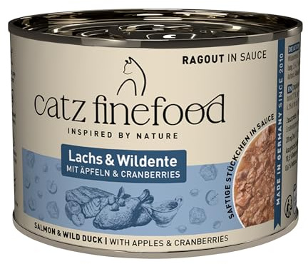 catz finefood Ragout N° 605, lax & anka kattmat våt – finmat, våtfoder för katter i sås utan spannmål och socker med hög kötthalt, 6 x 190 g burk