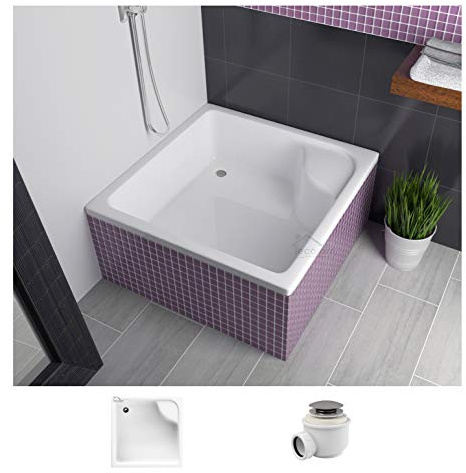 ECOLAM® Duschwanne tiefe Duschtasse Viereck Dante mit Sitz 90x90 x 41 x 28 cm zum Verfliesen Styroporunterseite + Siphon Click Clack