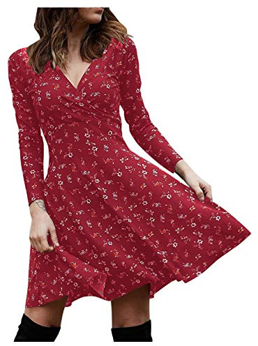 VEMOW Vestidos Vintage para Mujer, Vestido Corto Playeros de Mujer Estampado Floral Cuello en V Elegante Retro Mangas Largas/Corta Primavera Verano Diaria Fiesta Formal Vestido Swing(A Rojo,L)