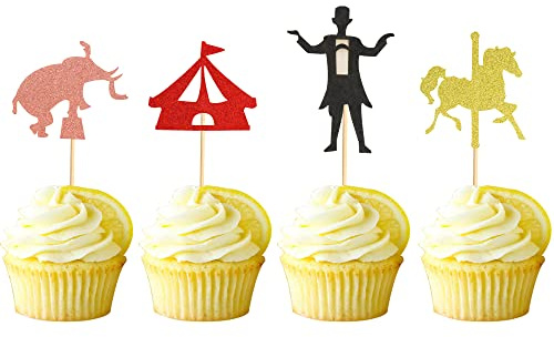 Arthsdite Cupcake-Topper mit Zirkusmotiven, Glitzer, Elefant, Pferd, Cupcake-Picks, Babyparty, Kindergeburtstag, Karneval, Dekorationen, Kuchendekorationen, 48 Stück