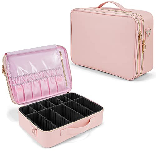 Joligrace Borsa Cosmetici Grande Valigetta Trucco Beauty Case da Viaggio Donna Borso Valigetta per Cosmetici Organizzatore Makeup Trousse Pelle PU con Tracolla y 2 Strati Professionale, Rosa