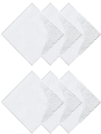 Houlife Damen-Taschentuch, kleines Taschentuch, bestickte Spitze, 100 % gekämmte Baumwolle, 60er-Jahre, für Braut- und Hochzeitsfeiern, 3/6 Stück, 35 x 35 cm, Weiß 3, 80
