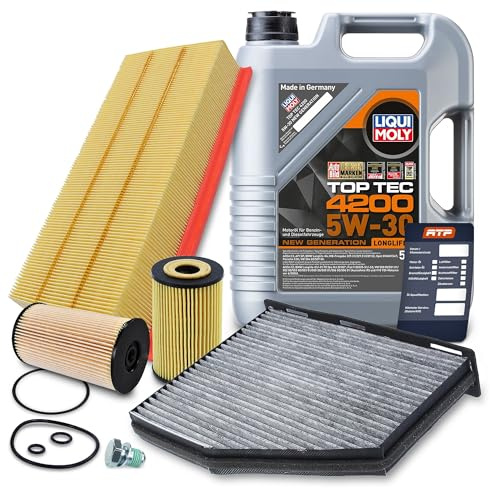 BESTPRICE Inspektionspaket Filterset mit 1x Ölfilter, 1x Kraftstofffilter, 1x Luftfilter, 1x Innenraumfilter (Aktivkohle), 1x Ölablassschraube mit Dichtung, 1x Motoröl 5W-30 Top Tec 4200 5 l,