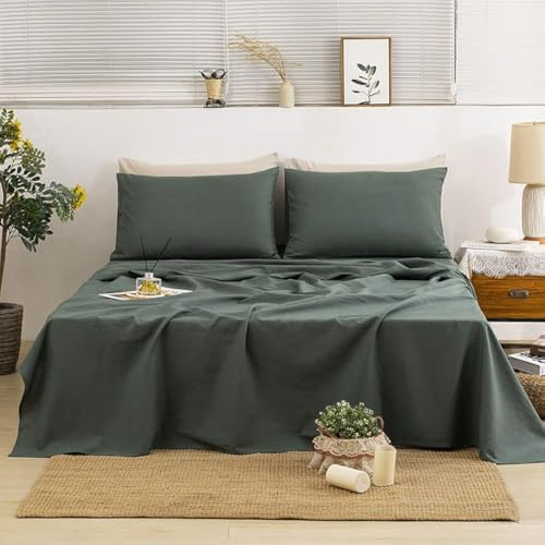 TUMEI 100% Linen Sheets Queen - 4Pcs Green Linen Sheets Set Queen Size Bed Set with Soft Breathable and Durable Deep Pocket Fitted Sheet & Flat Sheet & 2 Pillowcases