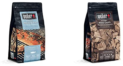 Weber 17665 Räucherchips Meeresfrüchte, 700 g, mild-fruchtige Raucharoma, Lachs, Makrele, Garnelen und andere Meeresfrrüchte & 17624 Räucherchips Hickory 700g, Räuchern, Aroma, Grillen, Braun
