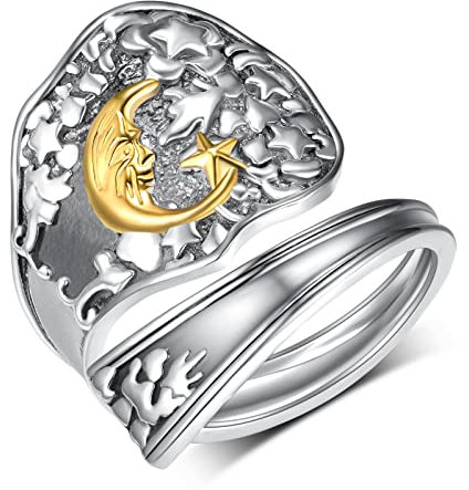 Moon Star Spoon Ring Boho Vintage Finger Open Ring Retro Adjustable Wrap Bands Thumb Rings for Women, Sterling Silver, No Gemstone