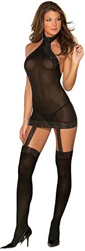 ROSVAJFY Conjunto Lencería Sexy Encaje Liguero y Medias Mujer, Mini Vestido Picardías Ropa Interior Malla Transparente, Camisón Elástico Halter, Ligas Bodystocking sin Espalda Dormir Pijama Clubwear