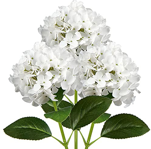 Oairse 3 hortensias artificiales decorativas blancas con tallo de 63 cm de largo, hortensias de seda de tacto real para el hogar, hotel, oficina, boda, decoración de novia, arreglos florales